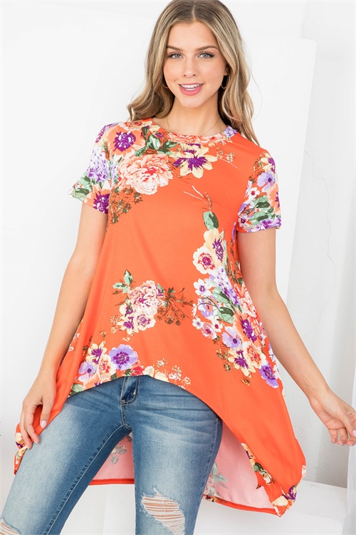 C32-A-3-T62840 ORANGE FLOWER PRINT ROUND NECKLINE SHORT SLEEVE ASYMETRIC TOP 2-2-2