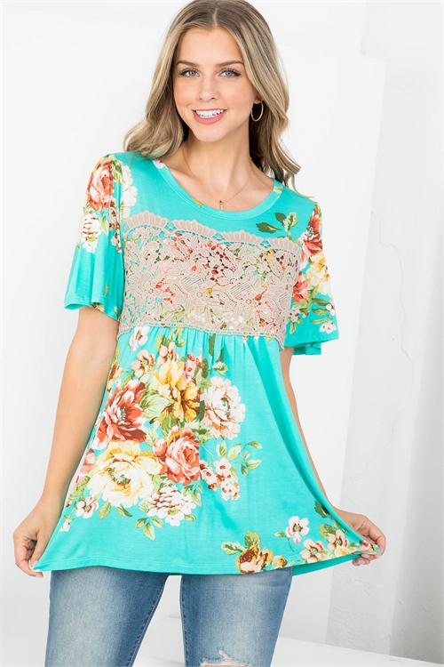 C44-A-1-T62823 AQUA FLOWER PRINT SCOOPED NECKLINE FLORAL LACE FRONT DETAIL TOP 1-2-2