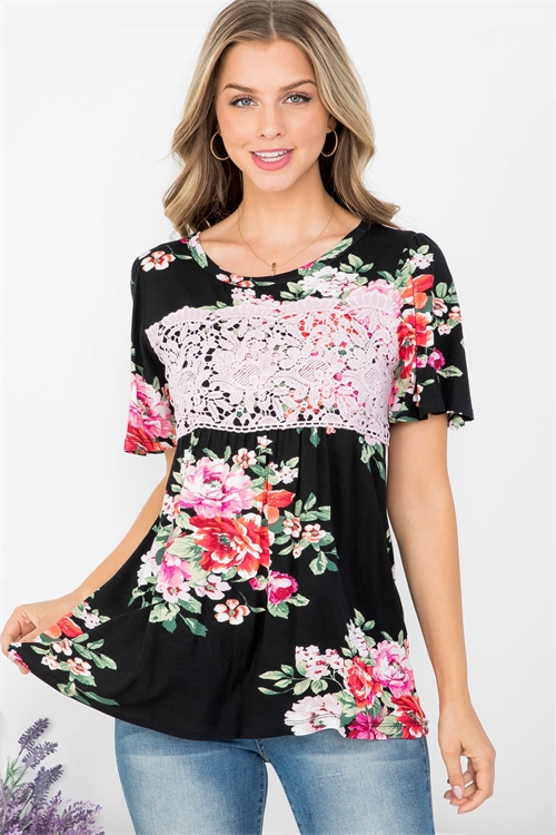 C44-A-1-T62823 BLACK FLOWER PRINT SCOOPED NECKLINE FLORAL LACE FRONT DETAIL TOP 1-2-2