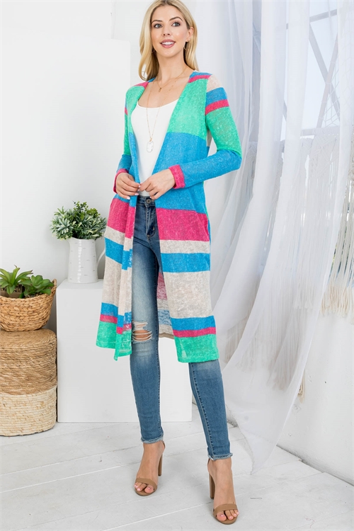 C40-A-3-C62876 BLUE MULTI STRIPES OPEN FRONT KNITTED LONG SLEEVE CARDIGAN 2-2-2