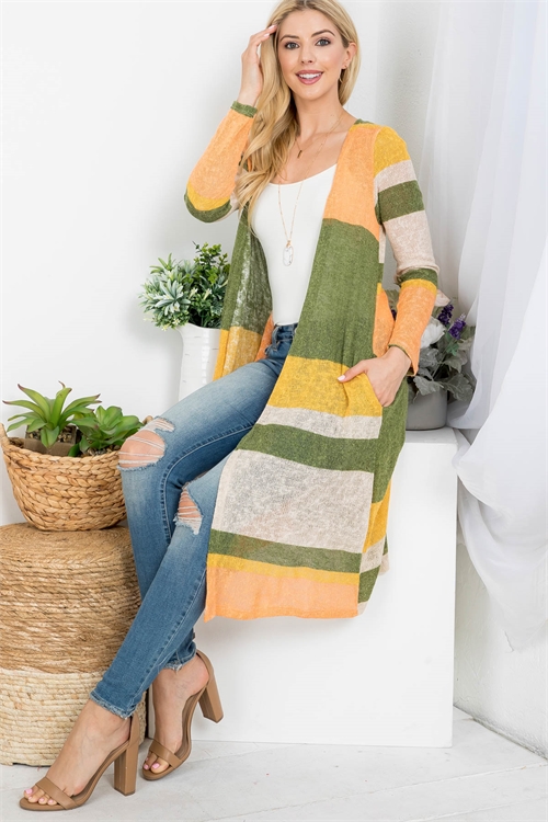 C42-A-3-C62876 OLIVE MULTI STRIPES OPEN FRONT KNITTED LONG SLEEVE CARDIGAN 2-2-2