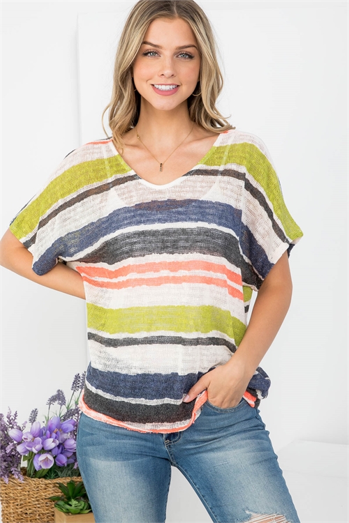 C50-B-1-T62841 IVORY ORANGE STRIPES ROUNDED V-NECKLINE WITH BACK KNOT TWIST KNITTED BATWING TOP 1-1-1