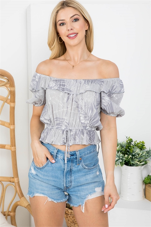 S11-8-4-T70017 GRAY OFF SHOULDER RUFFLE CROP TOP 2-2-2 (NOW $ 3.50 ONLY!)
