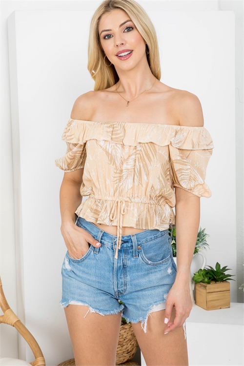 S11-9-4-T70017 TAUPE OFF SHOULDER RUFFLE CROP TOP 2-2-2 (NOW $ 3.50 ONLY!)