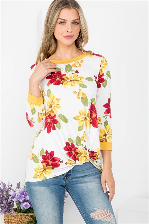 C58-A-1-T62042 IVORY MUSTARD FLORAL PRINT BOAT NECKLINE WITH FRONT KNOT TWIST CUFFED SLEEVE TOP 3-2-3