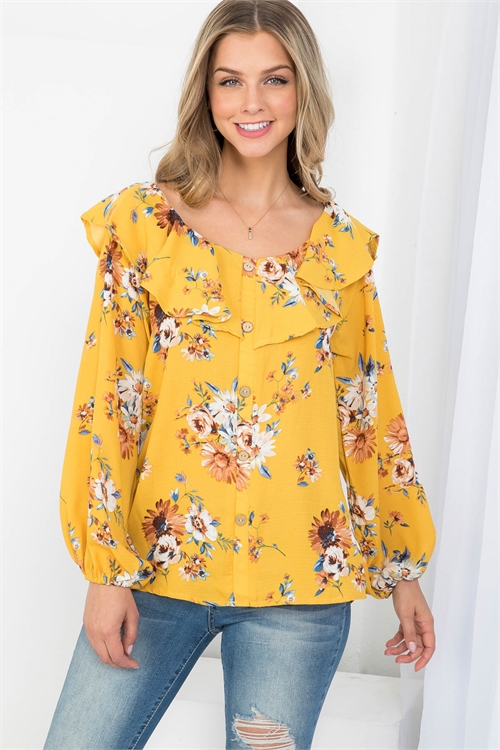 C60-B-1-T63122 MUSTARD FLORAL PRINT SCOOPED NECKLINE BUTTON DOWN FRONT STRETCH LONG SLEEVE TOP 2-1