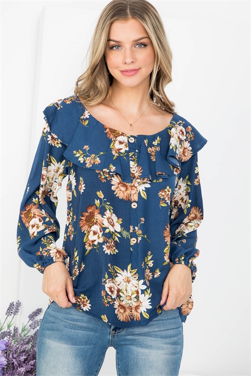 C56-B-1-T63122 NAVY FLORAL PRINT SCOOPED NECKLINE BUTTON DOWN FRONT STRETCH LONG SLEEVE TOP 2-2-2