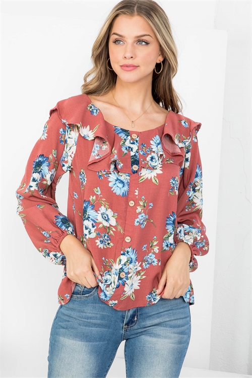 C60-B-1-T63122 DARK MAUVE FLORAL PRINT SCOOPED NECKLINE BUTTON DOWN FRONT STRETCH LONG SLEEVE TOP 2-3-3