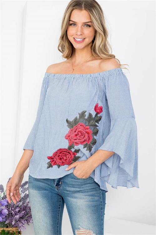 C60-B-1-T61732 BLUE WHITE STRIPES FLORAL EMBROIDERED BELL SLEEVE OFF SHOULDER TOP 3-3-2