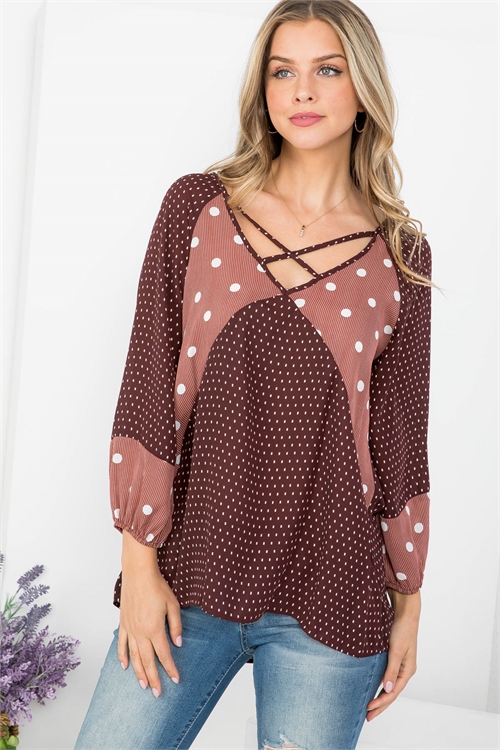 C64-B-2-T62718 BROWN WHITE POLKA DOT KEYHOLE V-NECKLINE CUFFED STRETCH SLEEVE TOP 2-2-2