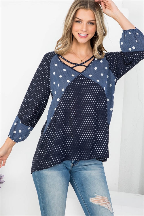 C64-B-2-T62718 NAVY WHITE POLKA DOT KEYHOLE V-NECKLINE CUFFED STRETCH SLEEVE TOP 2-2-2