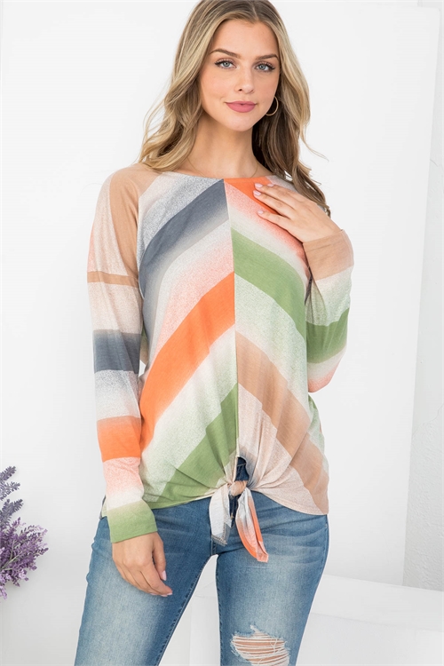 C66-A-1-T62312 ORANGE MULTI CHEVRON PRINT BOAT NECKLINE WITH FRONT KNOT TIE LONG SLEEVE TOP 1-2-2