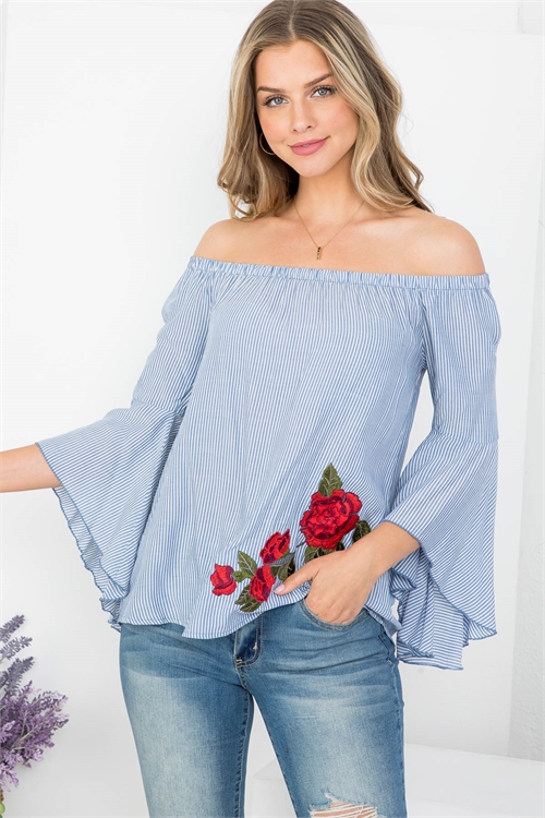 C68-A-2-T61410 BLUE WHITE STRIPES FLORAL EMBROIDERED BELL SLEEVE OFF SHOULDER TOP 2-2-2
