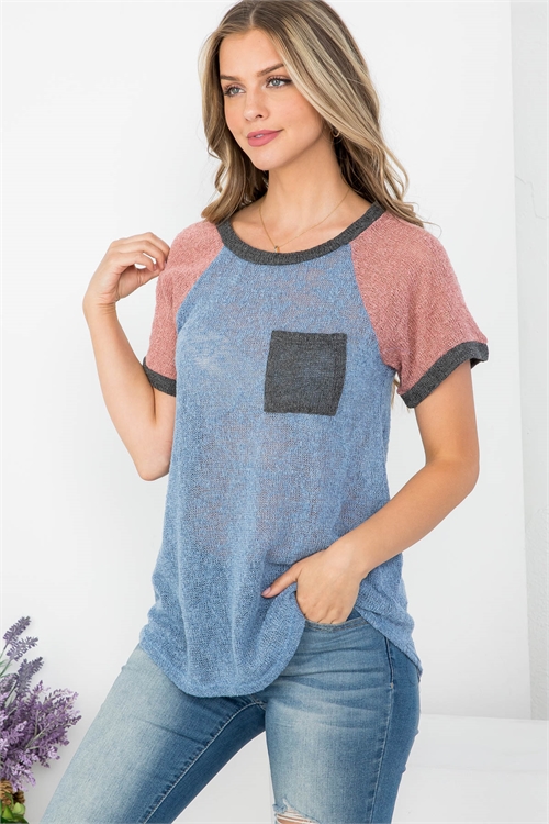 C82-A-1-T62812 INDIGO BRICK ROUND NECKLINE WITH SMALL FRONT POCKET KNITTED TOP 1-3-4