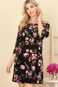 C74-A-2-D20507 NAVY FLORAL PRINT OFF SHOULDER VELVET MINI DRESS 2-2-2 (NOW $3.00 ONLY!)