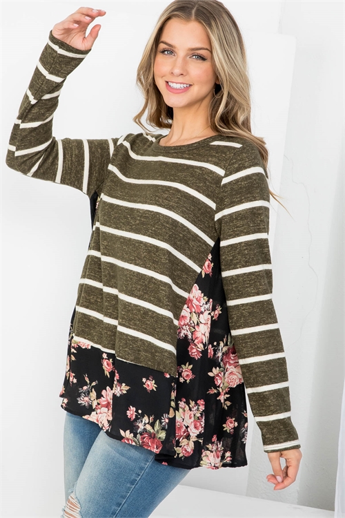 C82-A-1-T62697 OLIVE BLACK FLORAL PRINT STRIPES ROUND NECKLINE ASYMETRIC LONG SLEEVE TOP 3-1