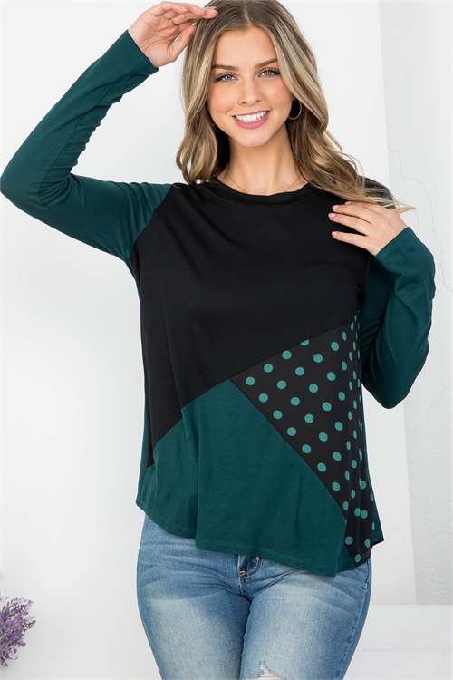 C16-A-1-T62416 BLACK HUNTER GREEN POLKA DOT PRINT ROUND NECKLINE LONG SLEEVE TOP 1-3-2