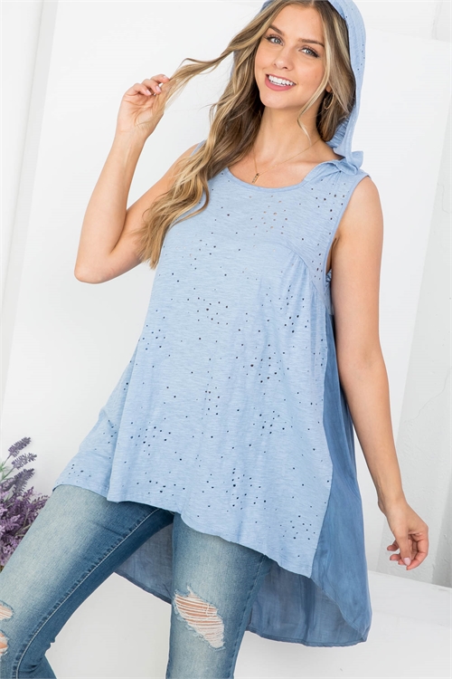 C12-A-1-T60814 BLUE WITH HOODIE EYELET SLEEVELESS ASYMETRIC TOP 2-2-2