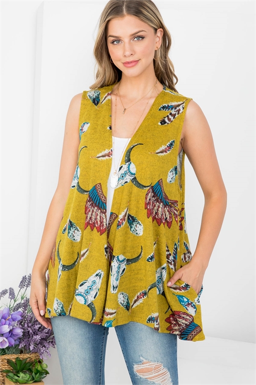 C20-A-3-C61915 MUSTARD BULL SKULL & FEATHER HEADPIECE PRINT OPEN FRONT WITH SIDE POCKET CARDIGAN 2-2-2