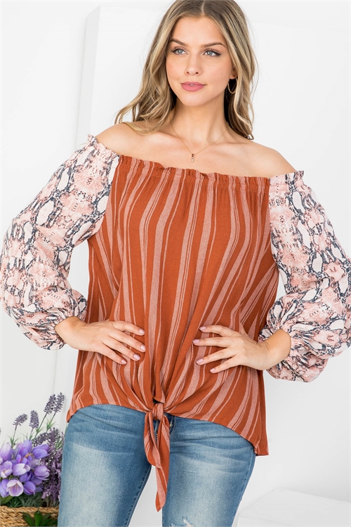 C24-B-2-T62772 RUST SNAKE PRINT VERTICAL STRIPES WITH FRONT KNOT TIE OFF SHOULDER TOP 2-2-2