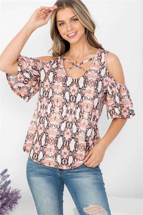 C28-B-2-T63060 MAUVE SNAKE PRINT KEYHOLE V-NECKLINE COLD SHOULDER SHORT SLEEVE TOP 2-2-2