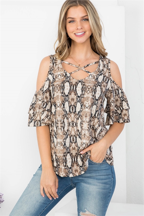 C30-B-3-T63060 BROWN SNAKE PRINT KEYHOLE V-NECKLINE COLD SHOULDER SHORT SLEEVE TOP 2-2-2