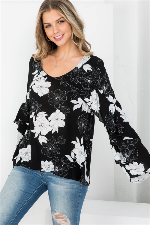 C30-A-1-T62544 BLACK WHITE FLORAL PRINT ROUNDED V-NECKLINE BELL LONG SLEEVE TOP 1-1-1