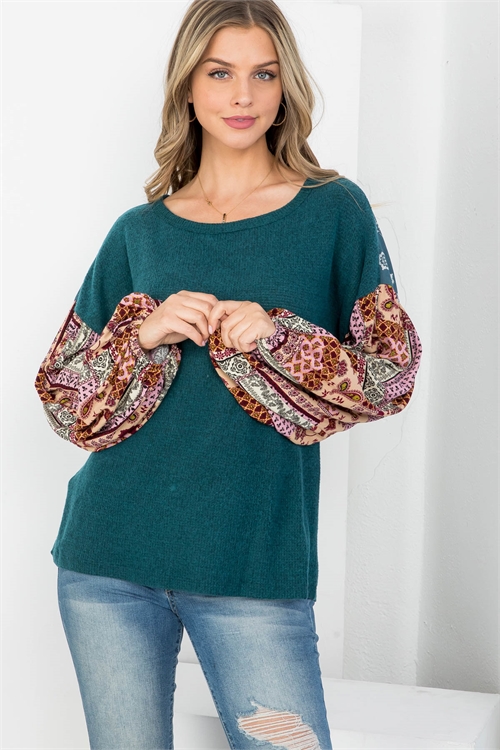 C36-B-1-T62622 TEAL PRINT BROCADE PRINT LONG SLEEVE BOAT NECKLINE TOP 2-2-2