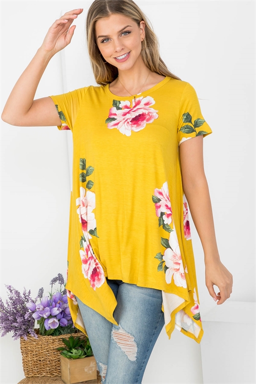 C38-A-1-T62942 MUSTARD FLORAL PRINT ROUND NECKLINE SHORT SLEEVE ASYMETRIC TOP 2-2-2