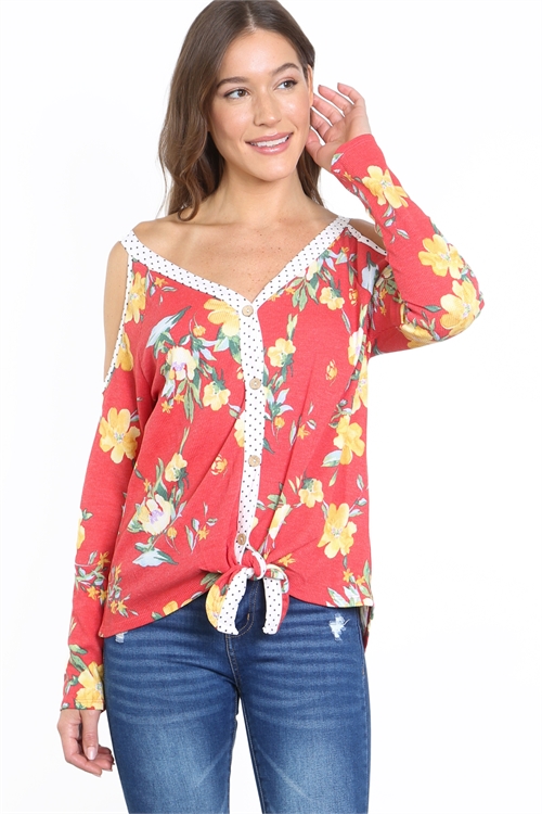 C36-A-3-T63120 RED FLORAL PRINT V-NECKLINE BUTTON DOWN WITH FRONT TWIST TIE KNOT COLD SHOULDER TOP 2-2-2