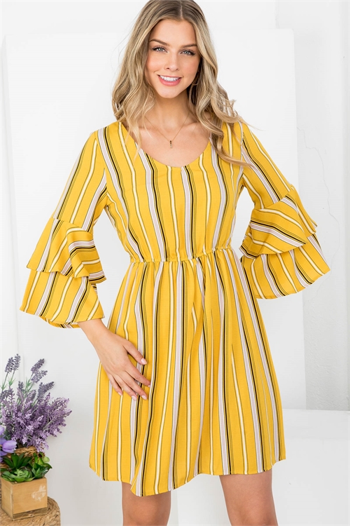 C44-A-2-D20799 YELLOW WHITE VERTICAL STRIPES SCOOPED NECKLINE WITH BACK BOW-TIE BELL SLEEVE DRESS 2-2-2