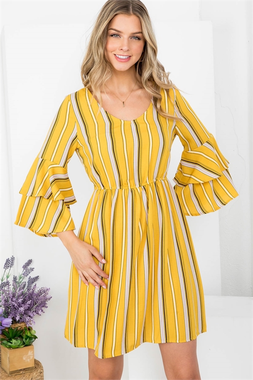 C40-A-1-D20799 YELLOW WHITE VERTICAL STRIPES SCOOPED NECKLINE WITH BACK BOW-TIE BELL SLEEVE DRESS 2-2-1