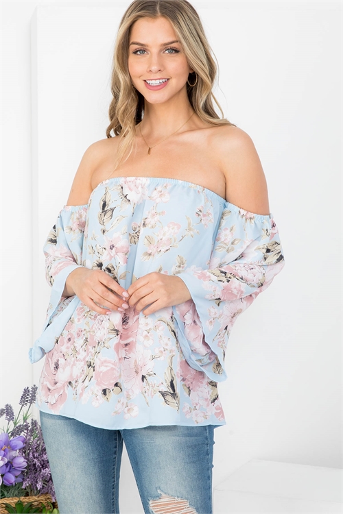 S15-1-2-T61610 BLUE FLORAL PRINT BELL SLEEVE OFF SHOULDER TOP 2-2-2