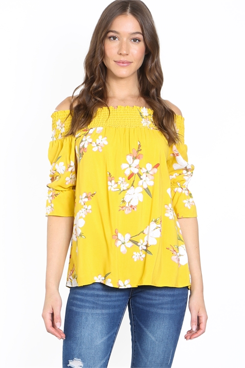 C48-B-1-T62529 YELLOW FLORAL PRINT RUCHED OFF SHOULDER WITH BACK BOW-TIE PUFF SLEEVE TOP 2-2-2