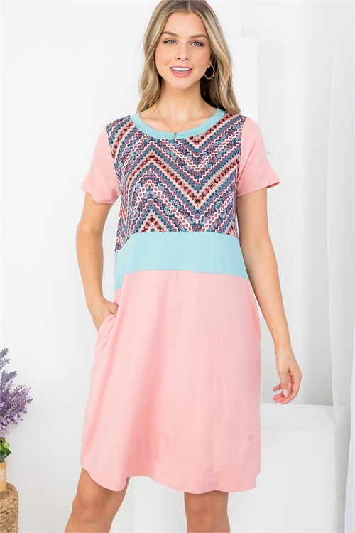 C54-A-1-D20825 PEACH MINT MULTI TRIBAL CHEVRON PRINT ROUND NECKLINE WITH SIDE POCKET DRESS 2-2-2