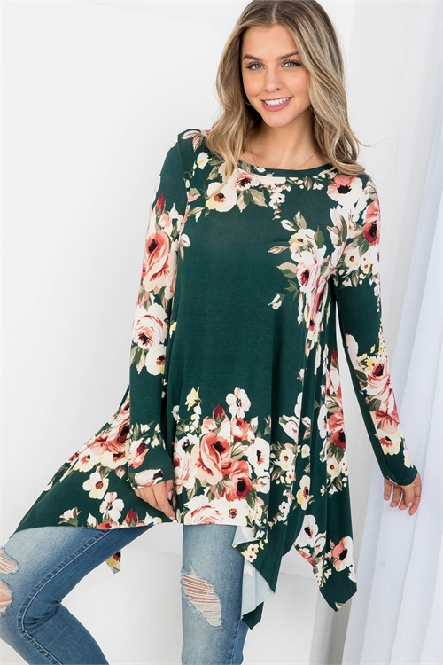 C64-A-1-T61795 HUNTER GREEN FLORAL PRINT BOAT NECKLINE LONG SLEEVE RUFFLE ASYMETRIC TOP 1-1