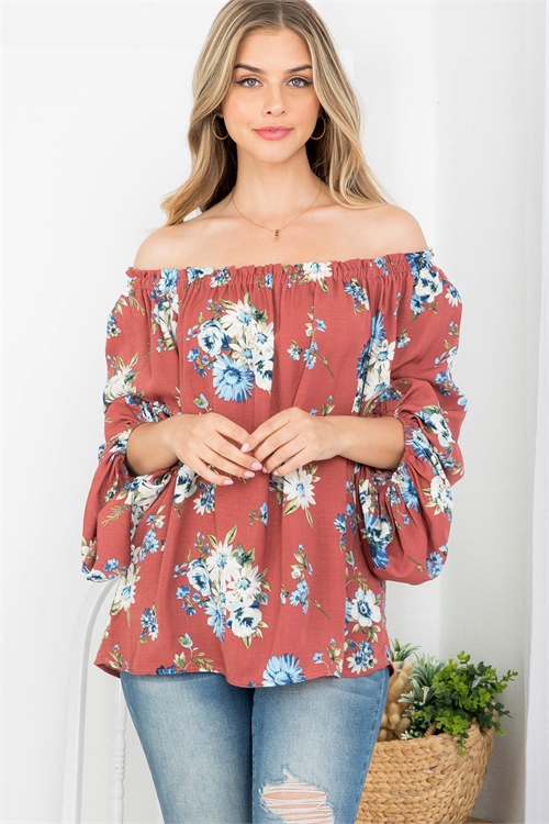 C58-A-3-T63127 DARK MAUVE FLOWER PRINT OFF SHOULDER TOP 2-2-2