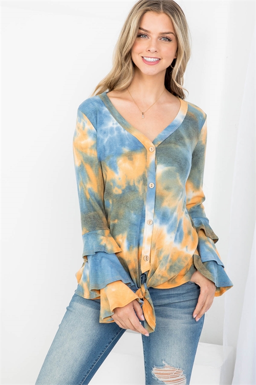 C78-A-2-T63172 ORANGE BLUE TIE DYE BUTTON DOWN WITH FRONT KNOT TWIST BELL SLEEVE TOP 2-2-2