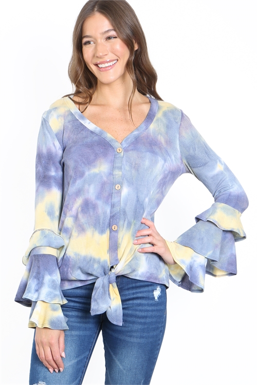 C72-A-1-T63172 YELLOW NAVY TIE DYE BUTTON DOWN WITH FRONT KNOT TWIST BELL SLEEVE TOP 2-2-2