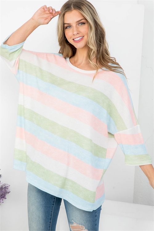 C10-A-1-T10225 PEACH BLUE SAGE STRIPES BOAT NECKLINE 3/4 SLEEVE TOP 2-2