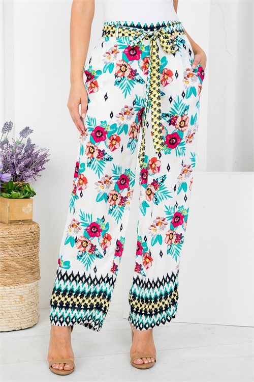 S12-3-4-P6208 IVORY MULTI FLORAL PRINT FRONT BOW-TIE WITH SIDE POCKET WIDE LEG SQUARE PANTS 2-2-2