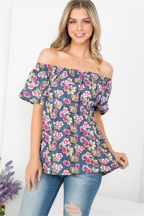 S11-6-4-T5291 NAVY PINK FLORAL PRINT RUCHED OFF SHOULDER TOP 2-2-2