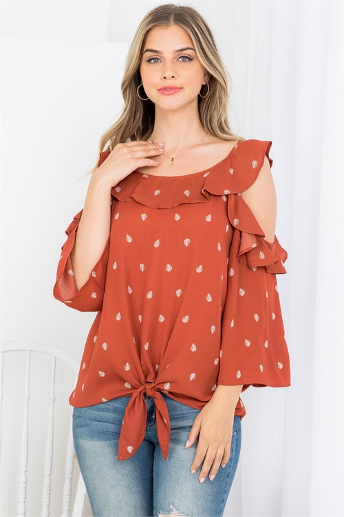 C8-B-3-T63142 RUST LEAVES PRINT RUFFL BOAT NECKLINE WITH FRONT TWIST TIE COLD SHOULDER TOP 2-2-2