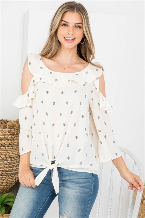 C8-B-3-T63142 IVORY LEAVES PRINT RUFFL BOAT NECKLINE WITH FRONT TWIST TIE COLD SHOULDER TOP 2-2-2
