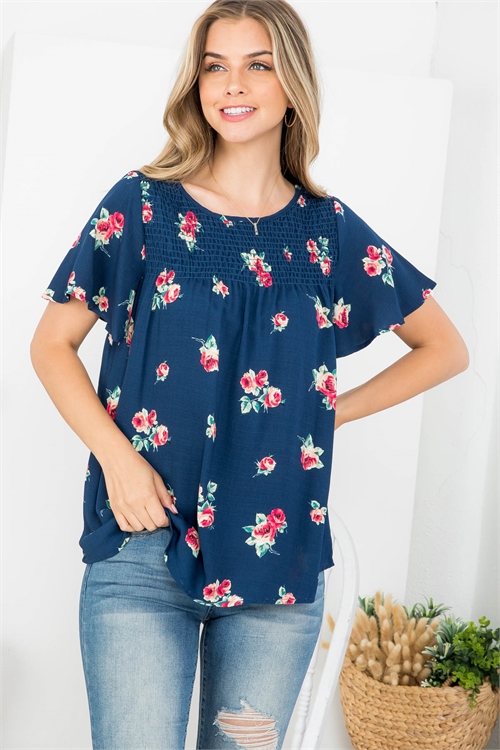 C8-B-1-T63023 NAVY FLORAL PRINT ROUND NECKLINE RUCHED FRONT RUFFLE SLEEVE TOP 2-2-2