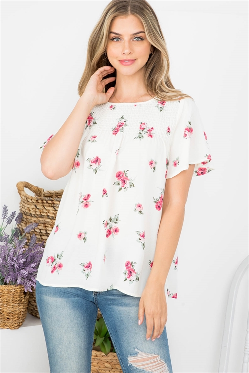 C12-B-1-T63025 IVORY FLORAL PRINT ROUND NECKLINE RUCHED FRONT RUFFLE SLEEVE TOP 2-2-2