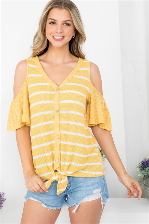 C14-A-1-T62964 MUSTARD IVORY STRIPES V-NECKLINE BUTTON DOWN WITH FRONT KNOT TWIST COLD SHOULDER TOP 2-2-3