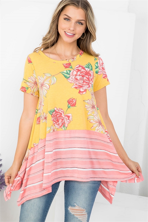 C12-A-1-T62993 YELLOW CORAL FLORAL PRINT STRIPES ROUND NECKLINE ASYMETRIC TOP / 2PCS