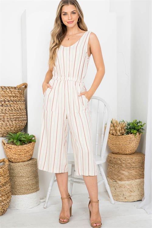 C12-A-1-J80059 OATMEAL RUST VERTICAL STRIPE PRINT SCOOPED NECKLINE WITH SIDE POCKET JUMPSUIT 2-2-1