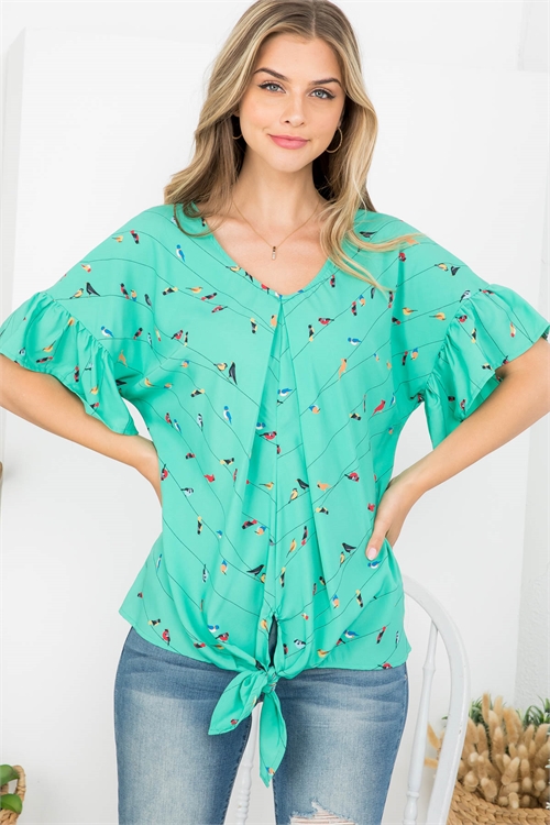 C30-A-1-T62982 GREEN WITH BIRD PRINT V-NECKLINE WITH FRONT TIE TWIST RUFFLE SLEEVE TOP 1-1-1